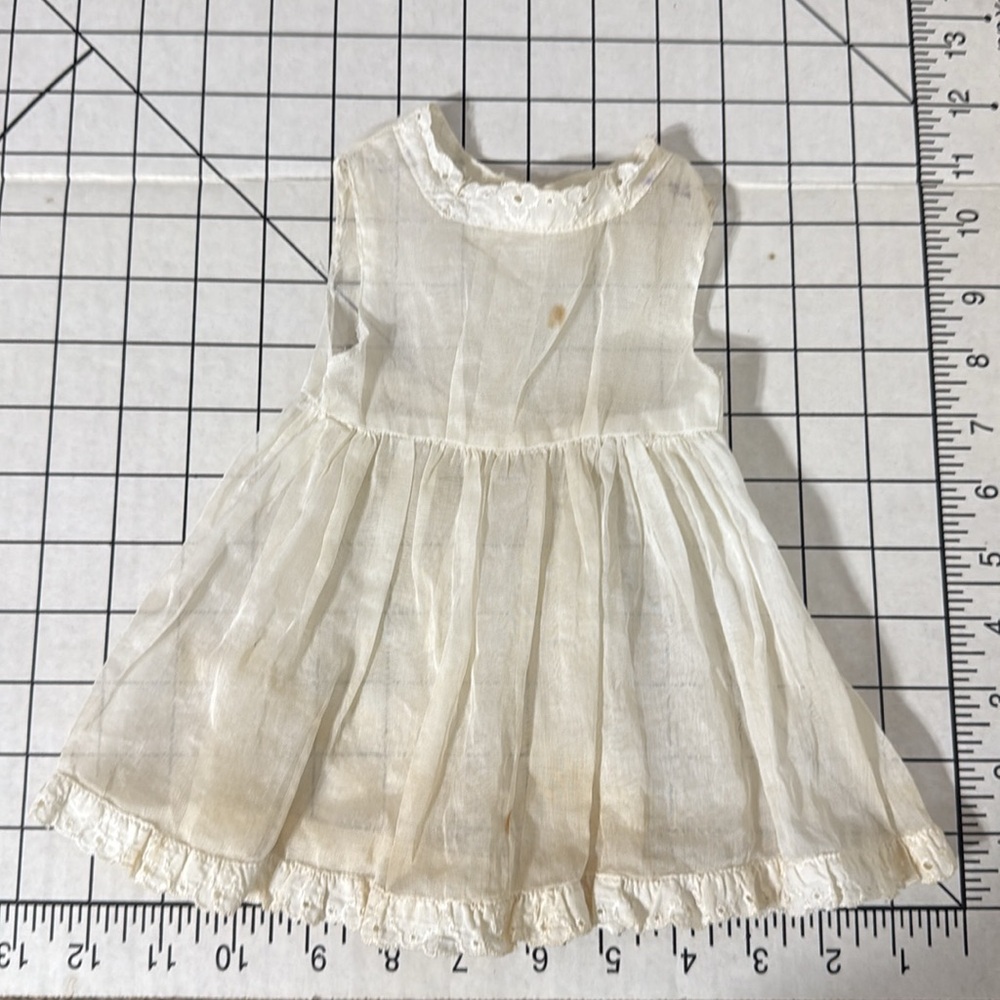 Vintage Doll Dress – White Organdy with Eyelet Trim, Sleeveless 1930s–40s
